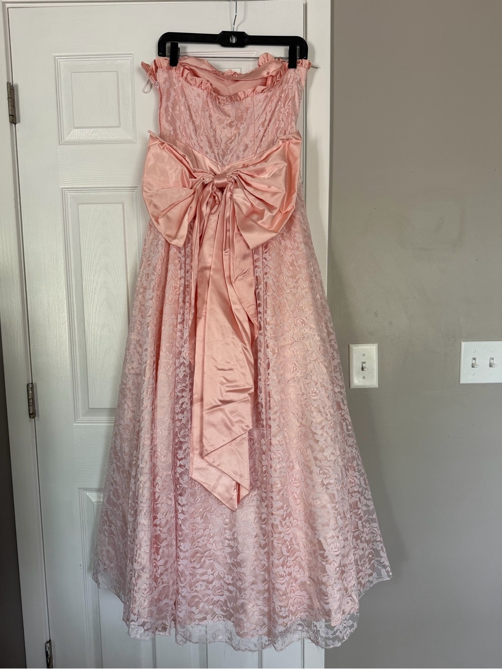Gunne Sax for Jessica McClintock Pink Lace Bow Strapless Maxi Gown Dress Prom